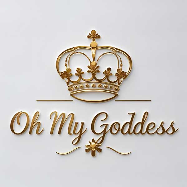 Oh My Goddess Logo Golden crown with floral design and elegant Oh My Goddess text logo.