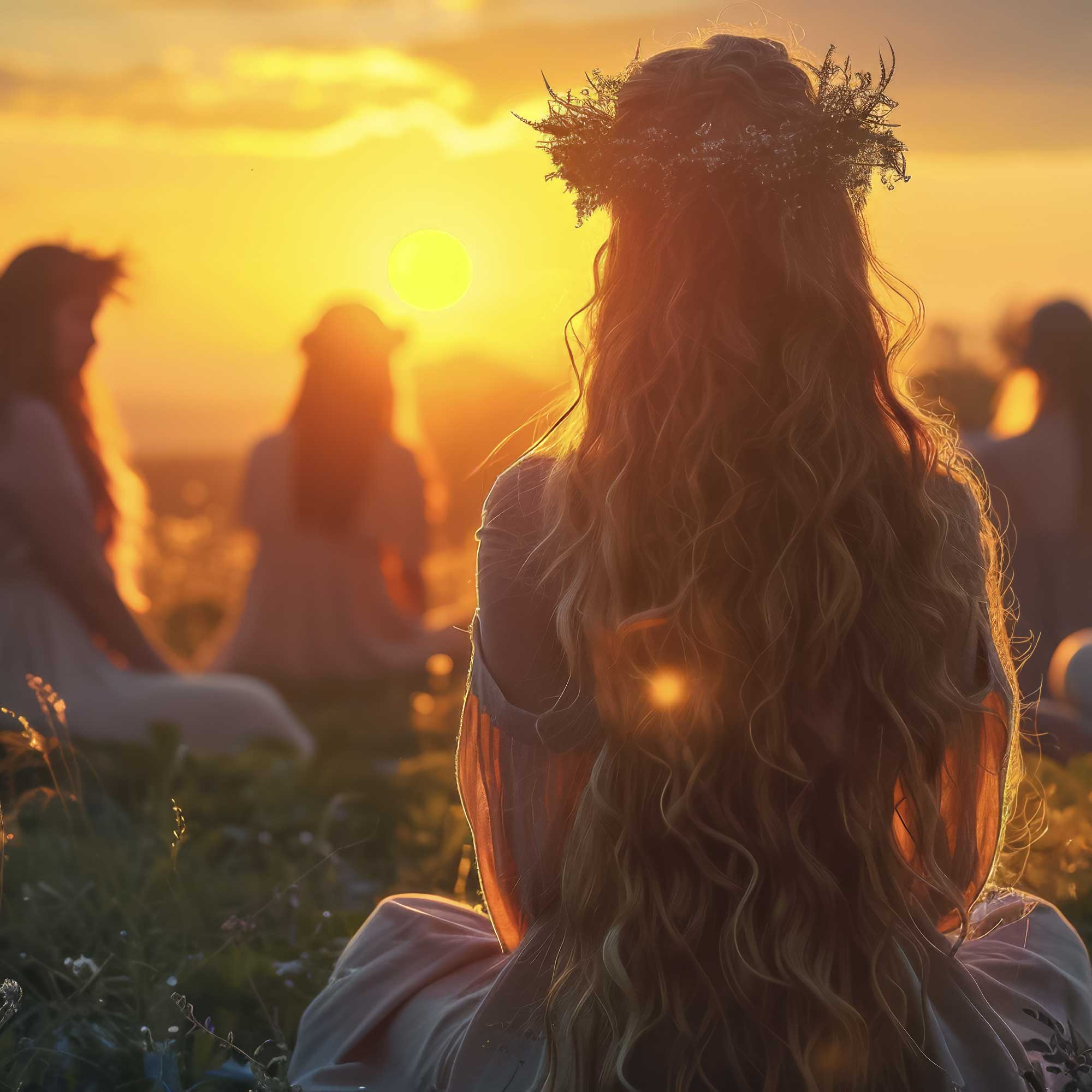 Oh My Goddess Sacred Circle Women meditating in sunset field with floral crowns, sacred circle, nature spirituality gathering.
