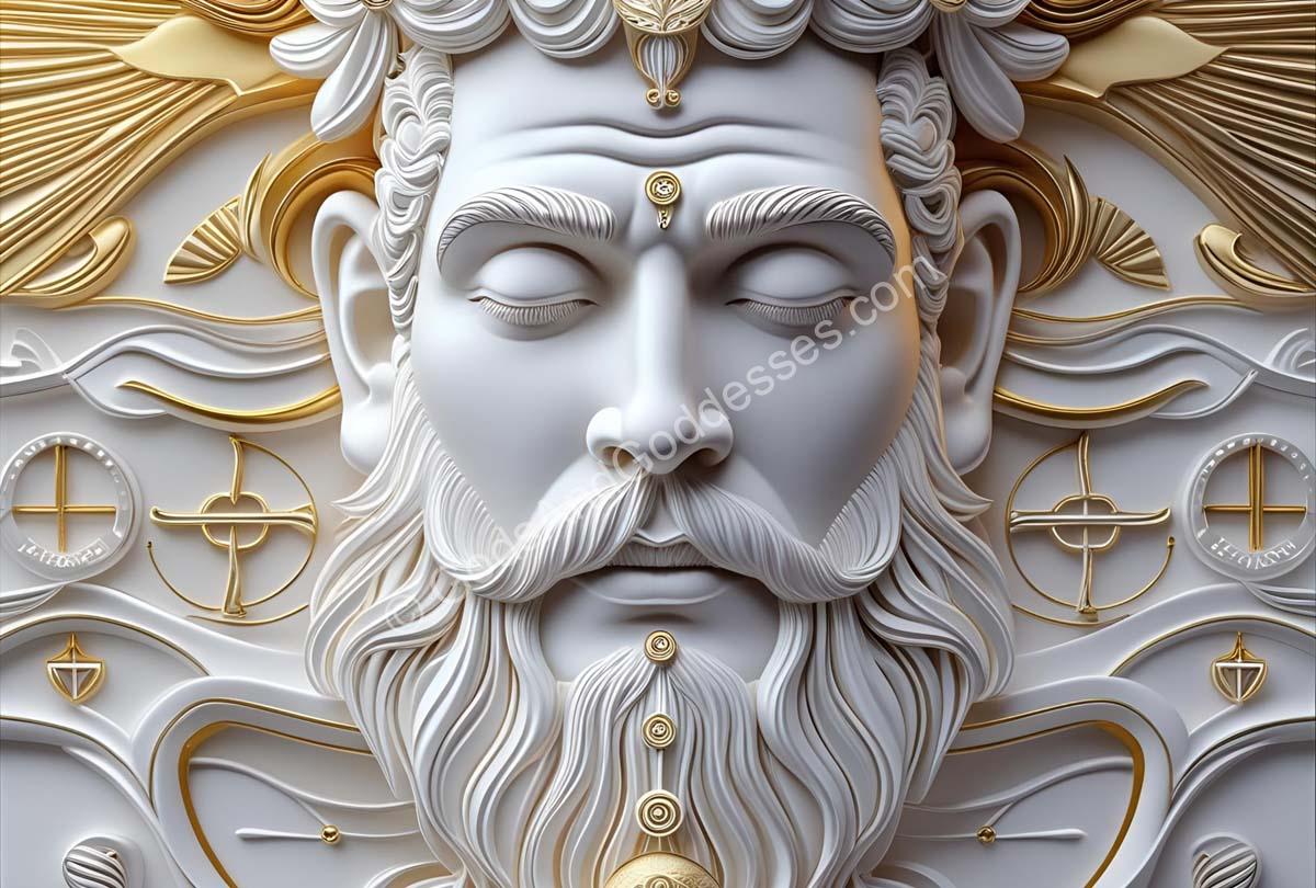 White and gold bas-relief sculpture of a serene bearded god with ornate patterns.