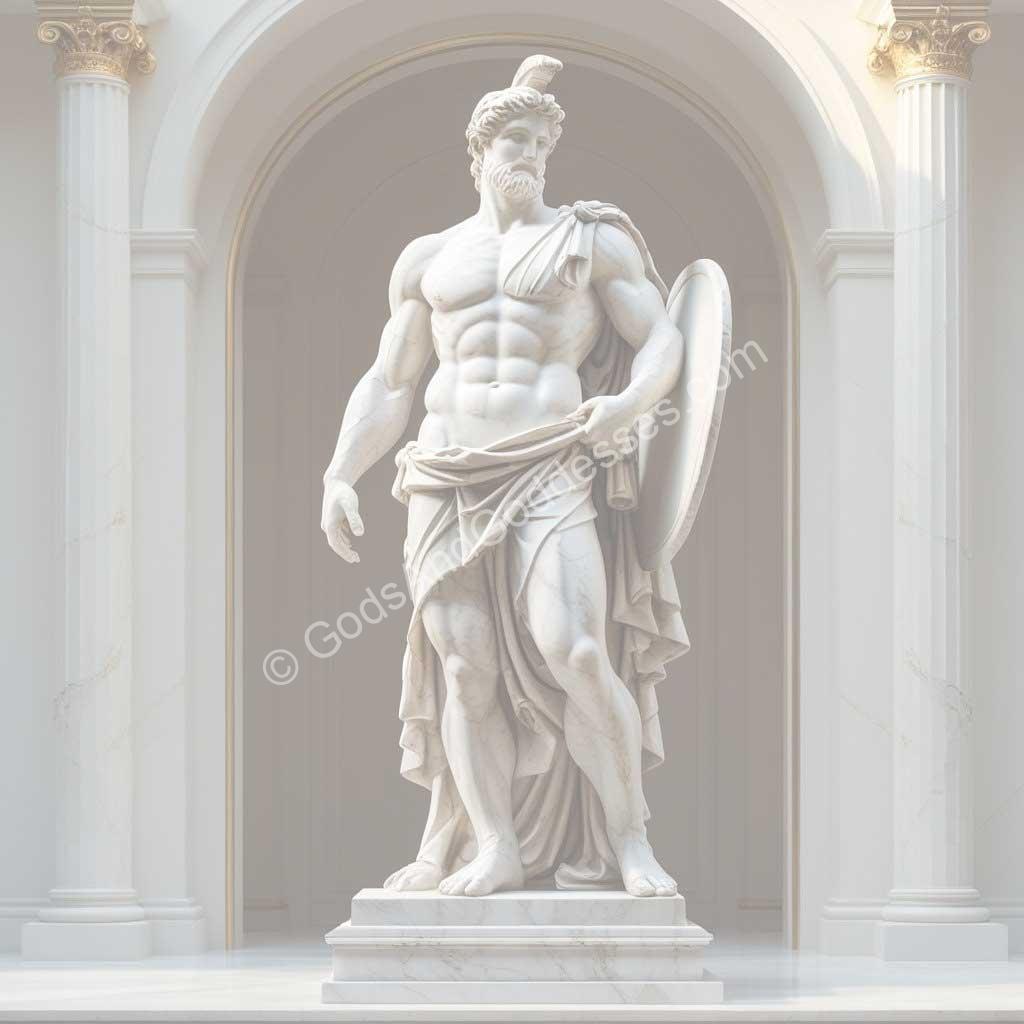 Protector Archetype God Marble statue of ancient Greek warrior hero with shield in classical architecture.
