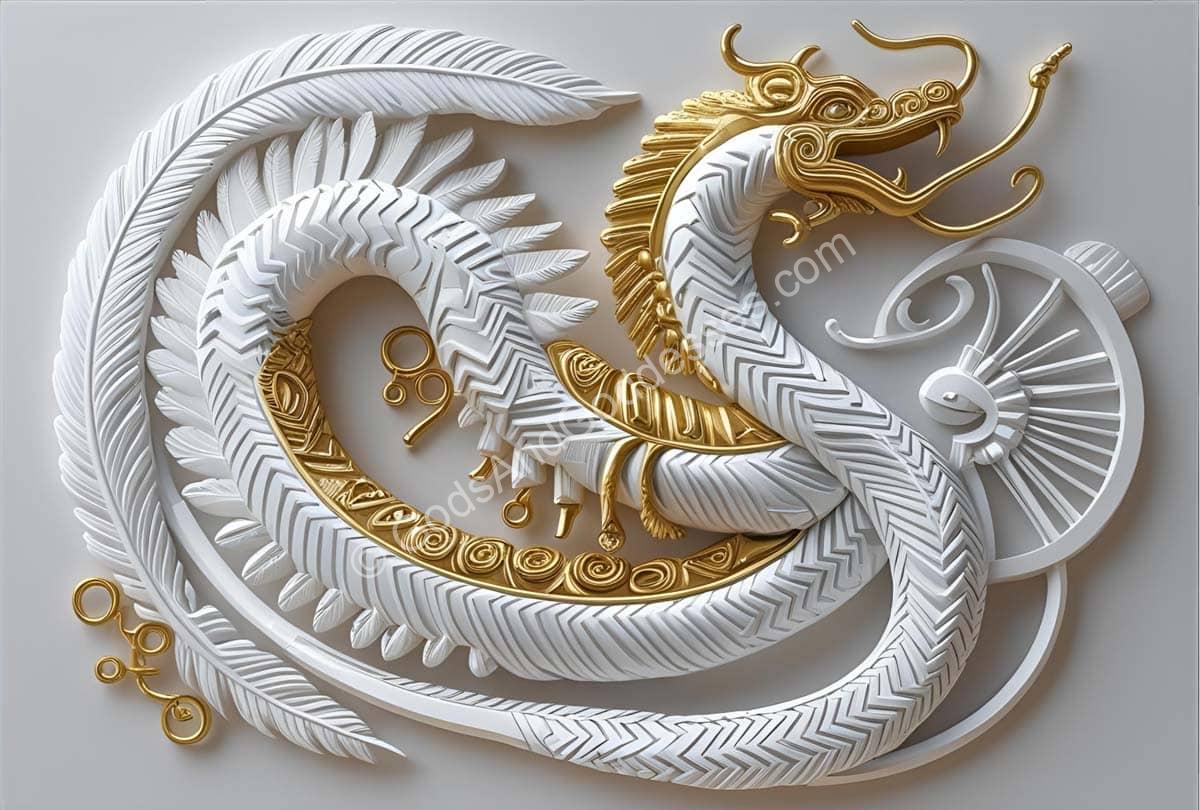 White and gold Quetzalcoatl dragon artwork with intricate details and mythical symbolism.