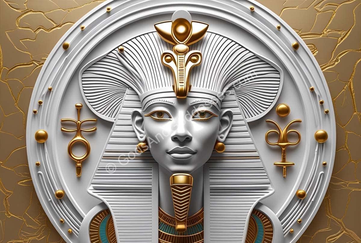 Ancient Egyptian sun god Ra with golden headdress and divine royal symbols.