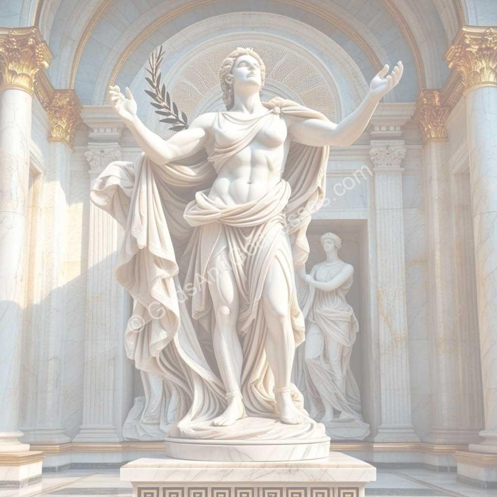 Majestic marble god statue in classical Greek Roman architecture with golden columns.