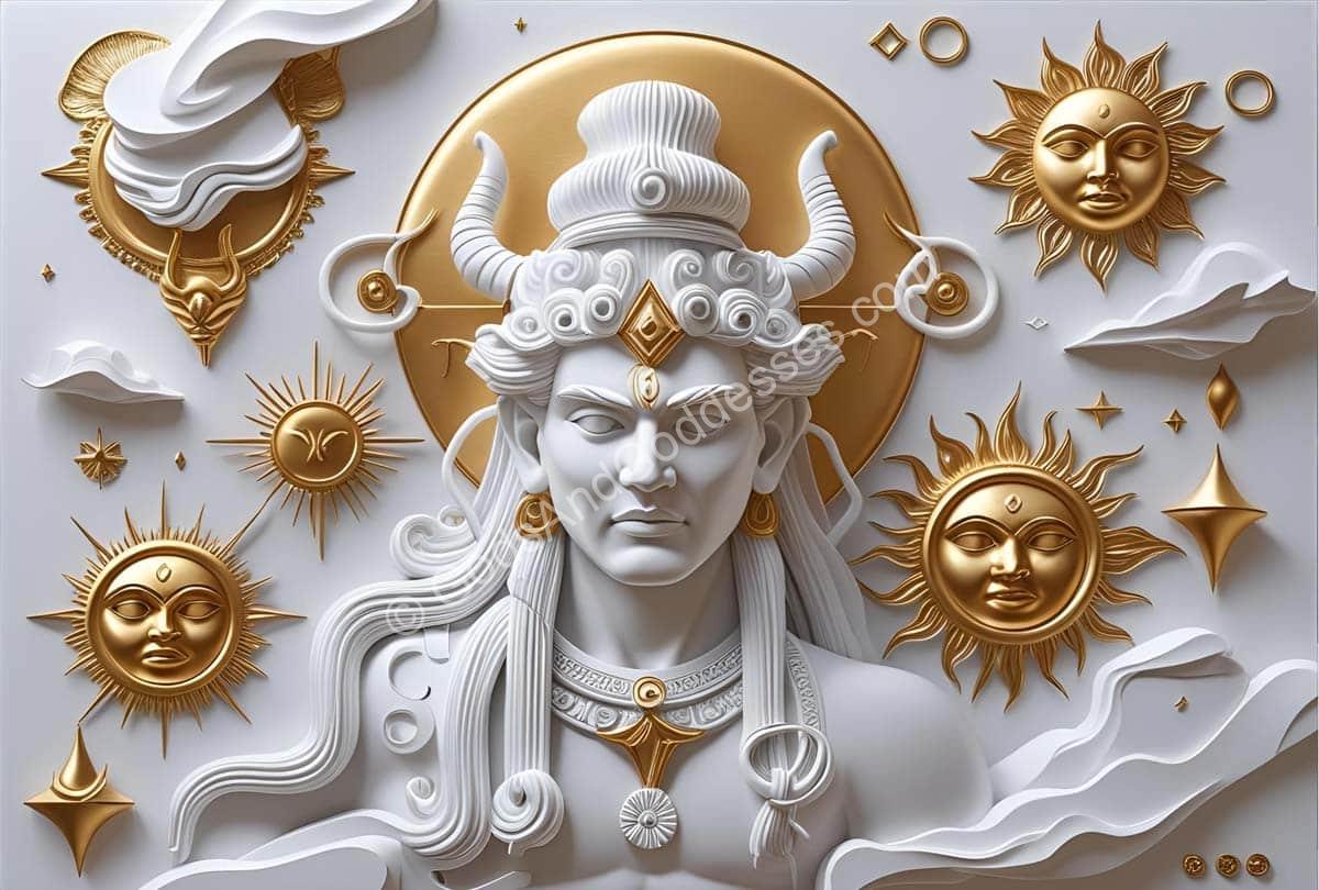 Mythological sky god with horned headdress surrounded by golden suns, stars, and celestial clouds.