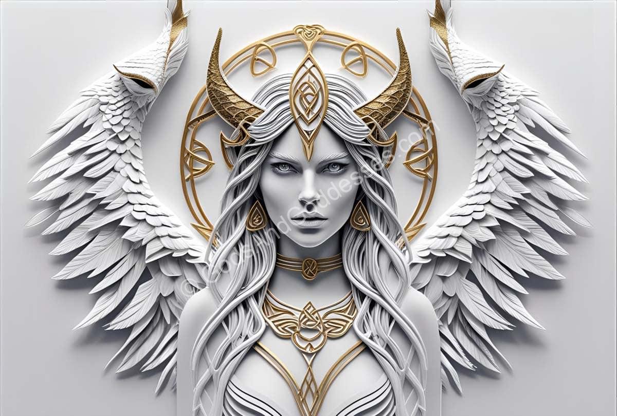 Celestial depiction of The Morrigan Celtic goddess with golden wings and divine halo.