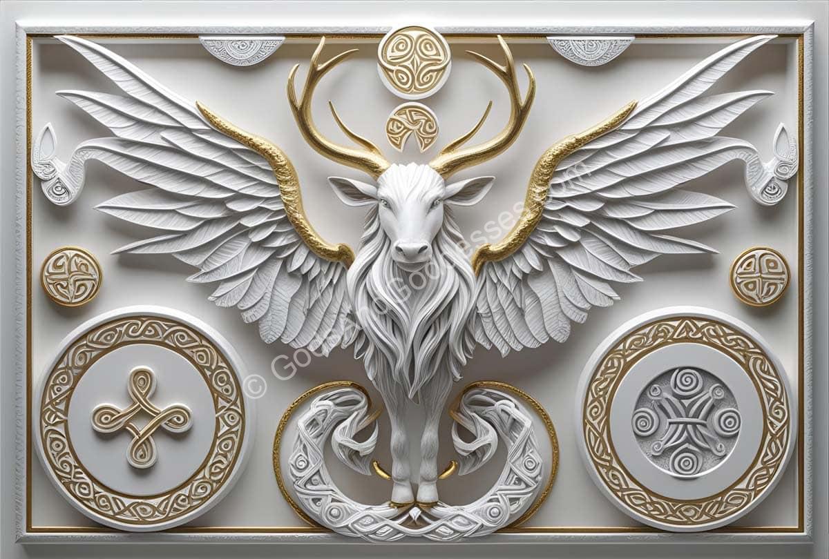 Celtic mythology stag with wings relief sculpture in gold and white.