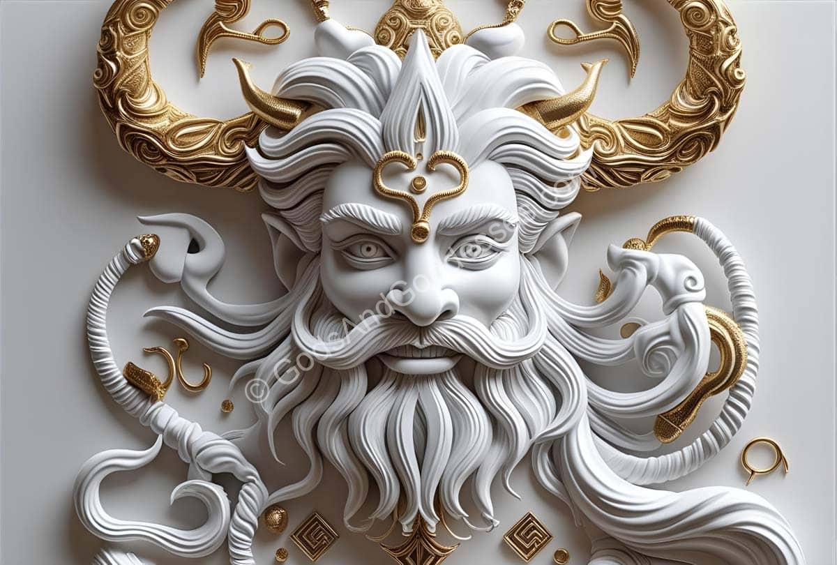 Mythical trickster god with golden horns, flowing beard, and serpent motifs in divine artwork.