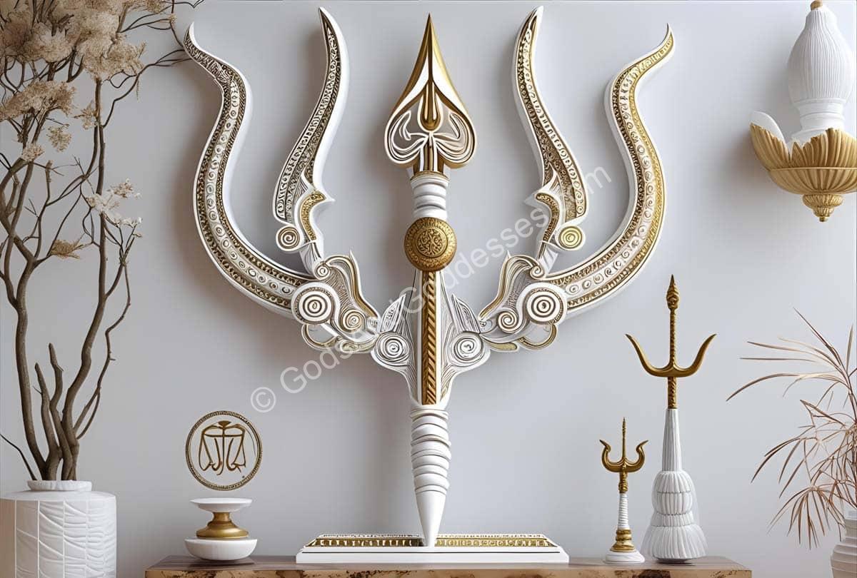 Ornate gold and white trident sculpture symbolizing mythology, spirituality, and divine power.