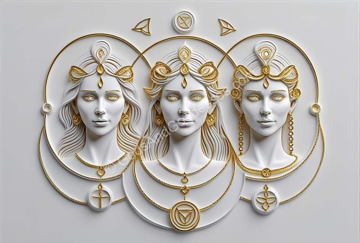 Triple Goddess relief sculpture with maiden, mother, and crone in gold and white design.
