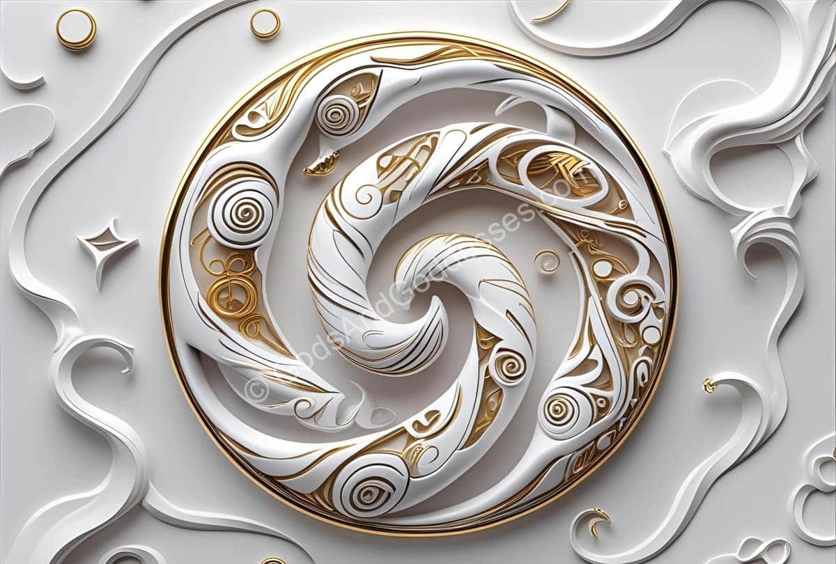 Elegant triple spiral Celtic goddess symbol with gold and white intricate patterns.