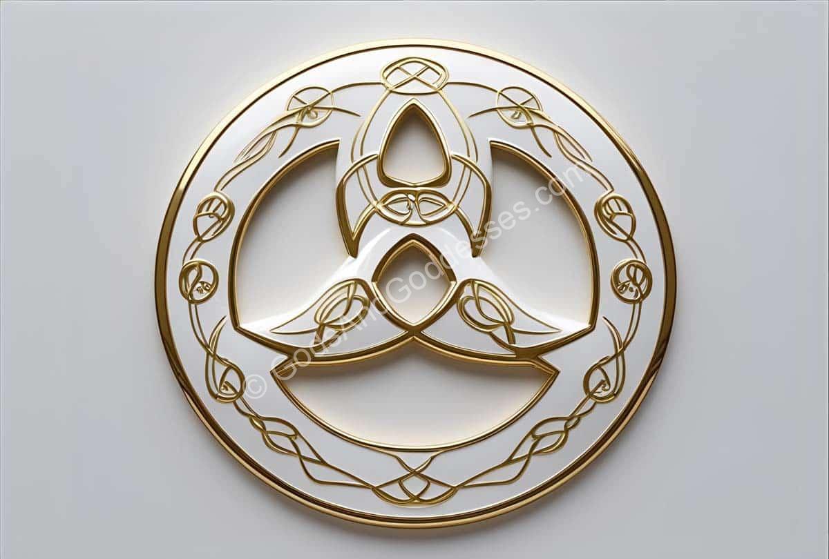 Gold and white Celtic triskele symbol with intricate circular patterns and interwoven knot design.