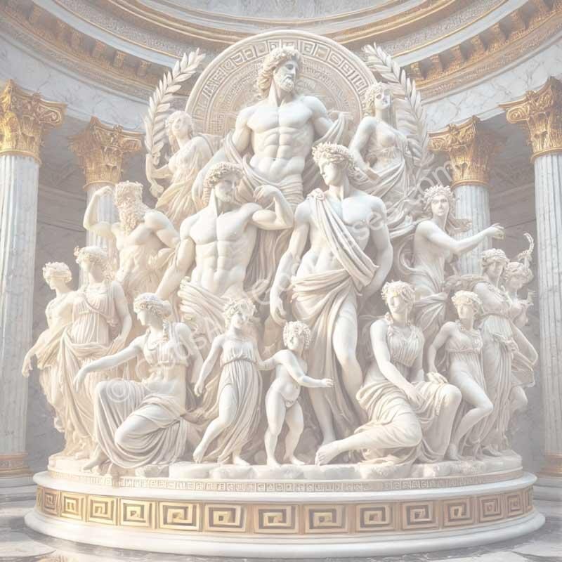 We Are Gods And Goddesses Sculpture Mythological marble sculpture of gods and goddesses in neoclassical style with intricate details.