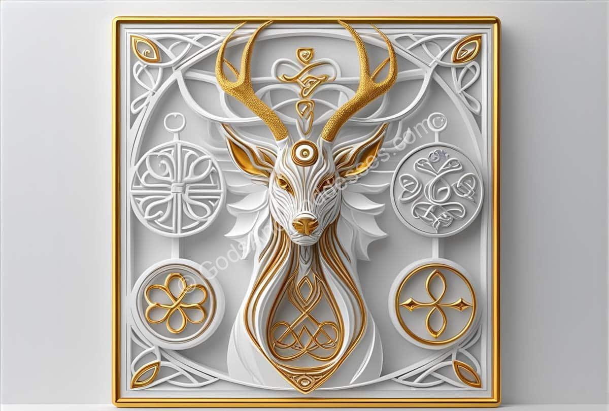 Golden deer relief sculpture with Celtic mythology symbols and spiritual nature-inspired designs.