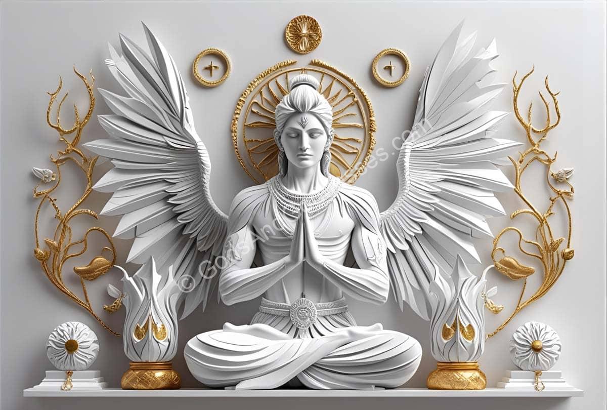 Mythological relief sculpture of meditative figure with golden wings, halo, and floral spiritual motifs.