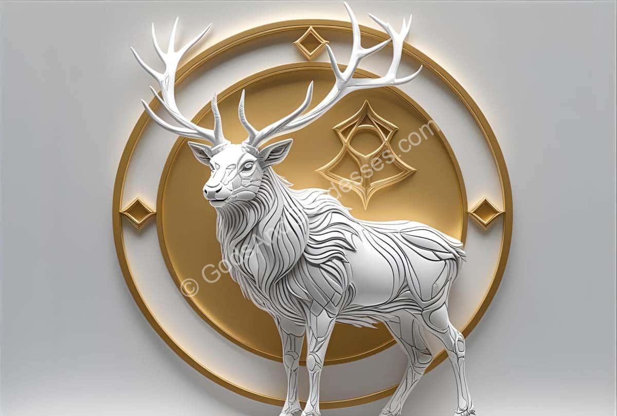 White stag with golden circle symbol, mystical deer artwork representing strength and purity.