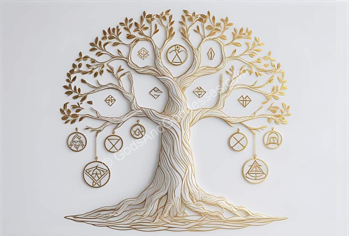 Stylized Yggdrasil world tree with symbolic ornaments from Norse mythology.