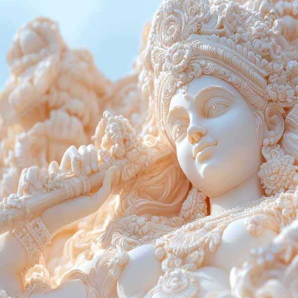 Elegant ivory goddess sculpture with intricate headdress, serene expression, and ornate cultural details.