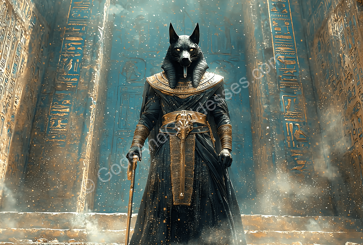 Egyptian Gods Collection Ancient Egyptian god Anubis with staff at temple entrance in mystical light.