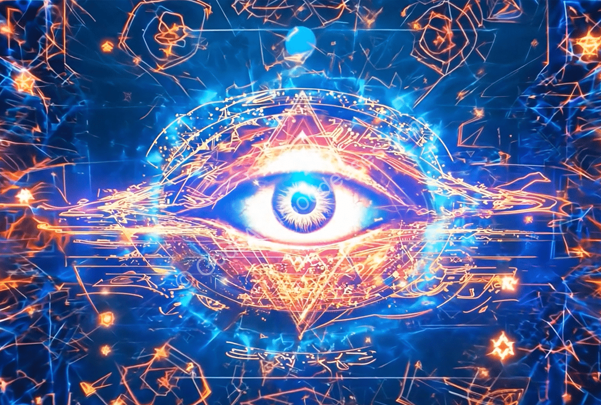 God Symbols List Mystical cosmic eye with sacred symbols, spiritual patterns, and vibrant blue orange energy.