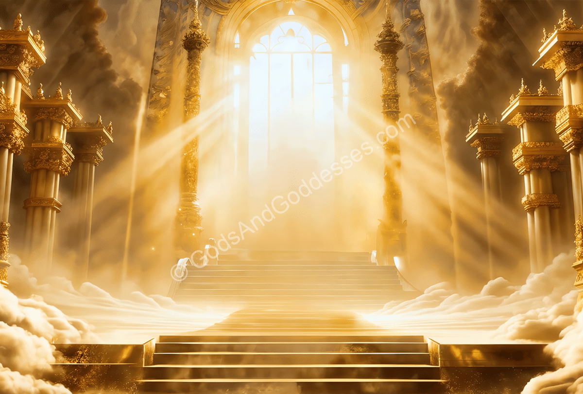God Worship Rituals Heavenly golden staircase with divine light, sacred architecture, and ethereal clouds.