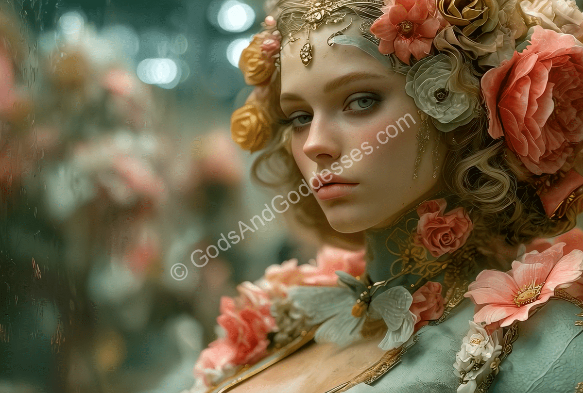Goddess Stories Collection Beautiful woman wearing floral crown with soft makeup, nature-inspired fashion, and ethereal garden background.