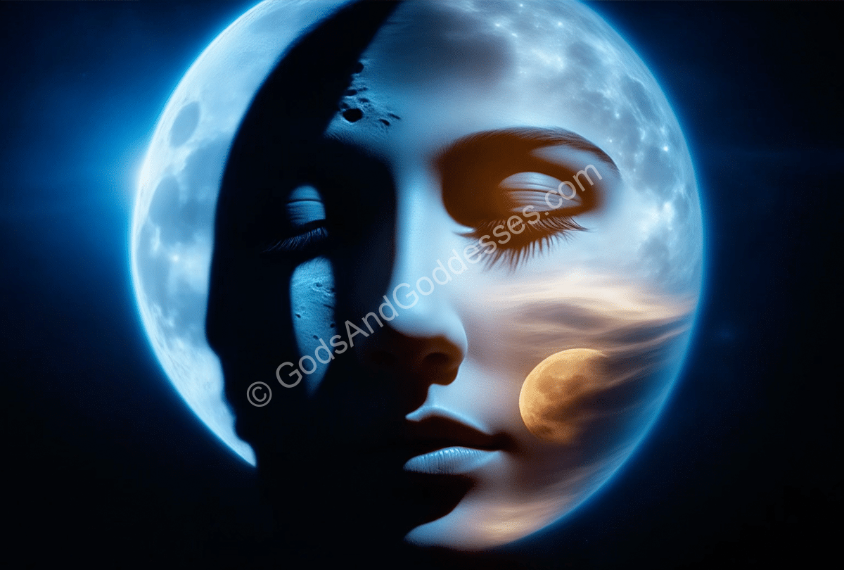 Goddess Symbols List Silhouette of woman’s face merging with glowing moon, symbolizing feminine divinity and cosmic harmony.