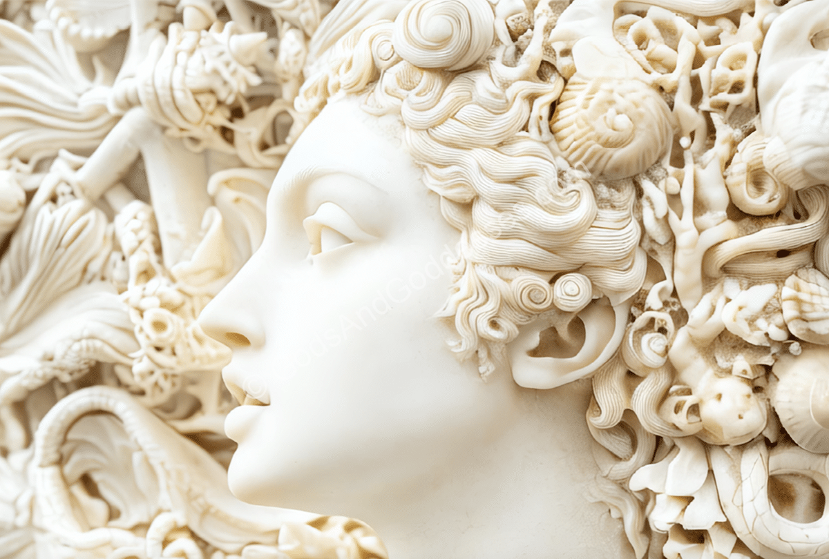 Marble sculpture of goddess profile with seashell and ocean-inspired decorative details.