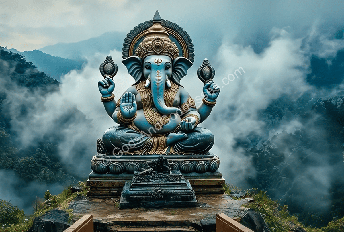 Gods By Mythology List Ganesha statue with mountains background symbolizing Hindu god of wisdom, spirituality, and divine power.