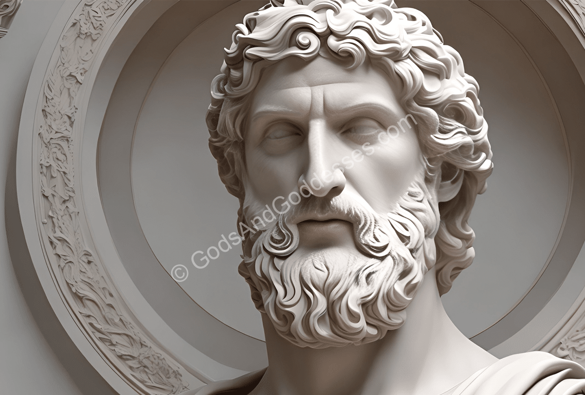 Gods Gallery Classical stone sculpture of bearded god with intricate details and mythological artistry.