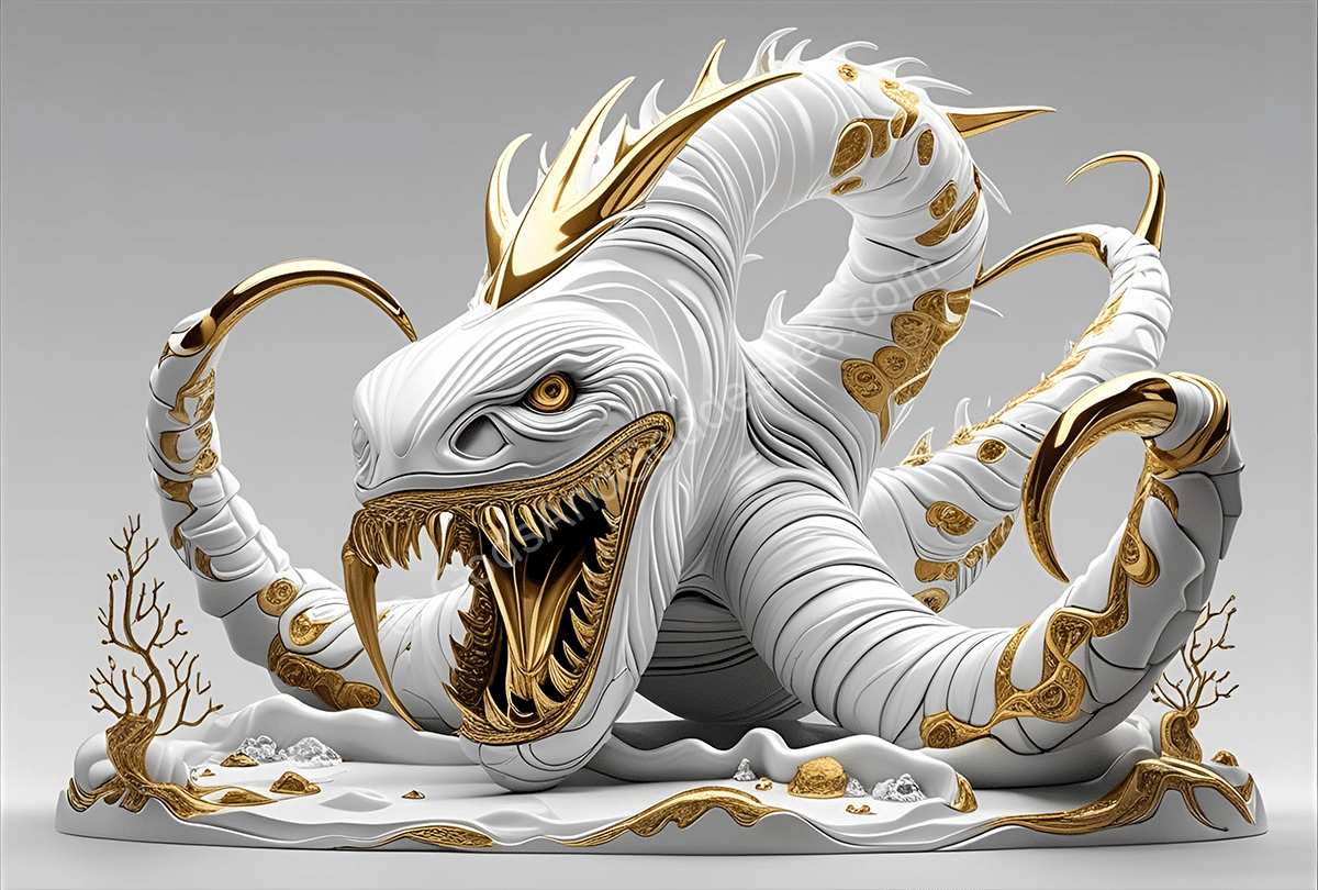 Mythical white and gold sea serpent with fierce teeth and underwater coral background.
