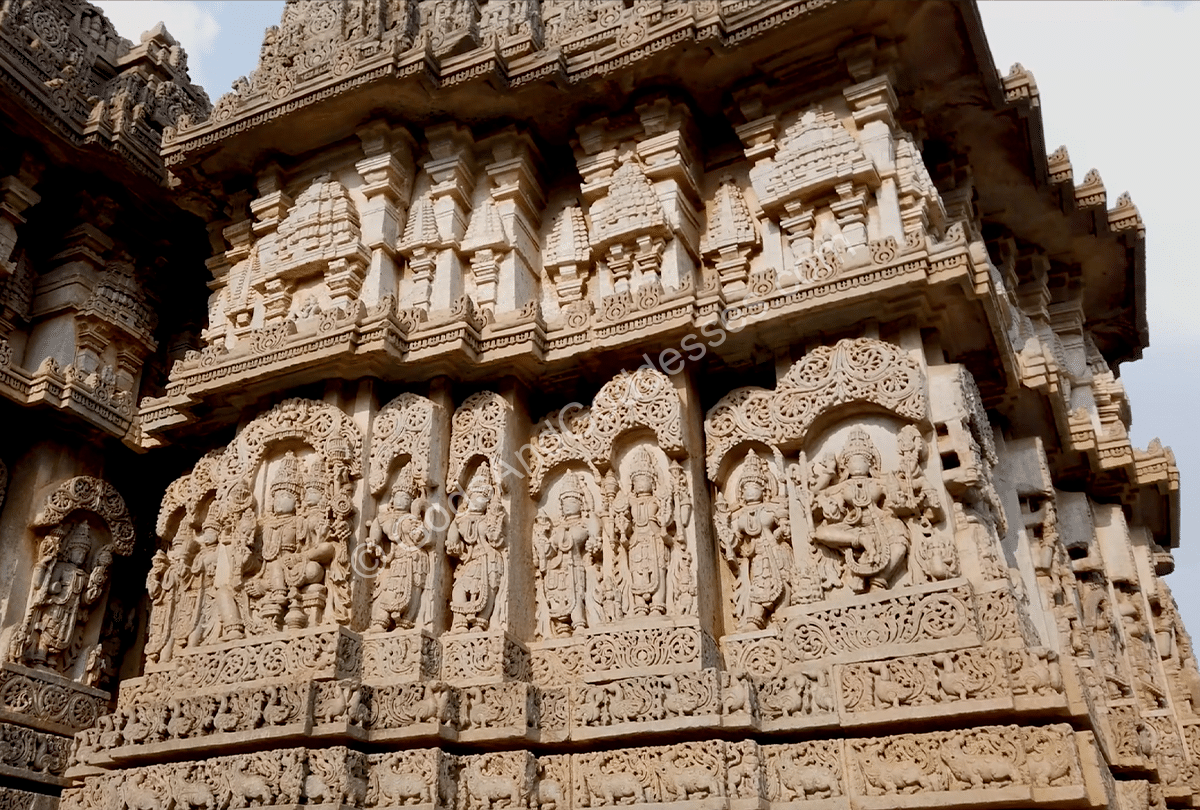 List Of Goddess Names Intricately carved Indian temple facade with detailed deities and mythological stone sculptures.