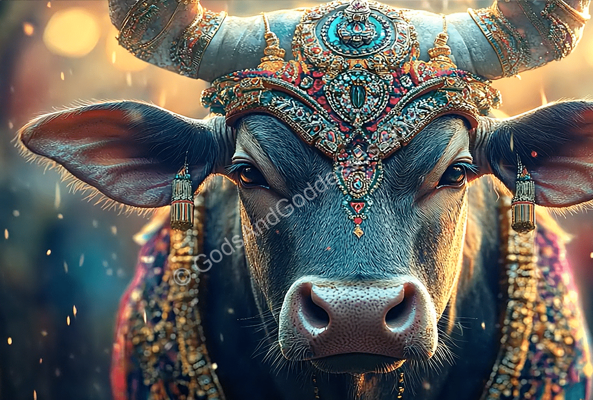 Mythological Animals List Decorated sacred bull with ornate jewelry, cultural symbolism, and spiritual festival atmosphere.