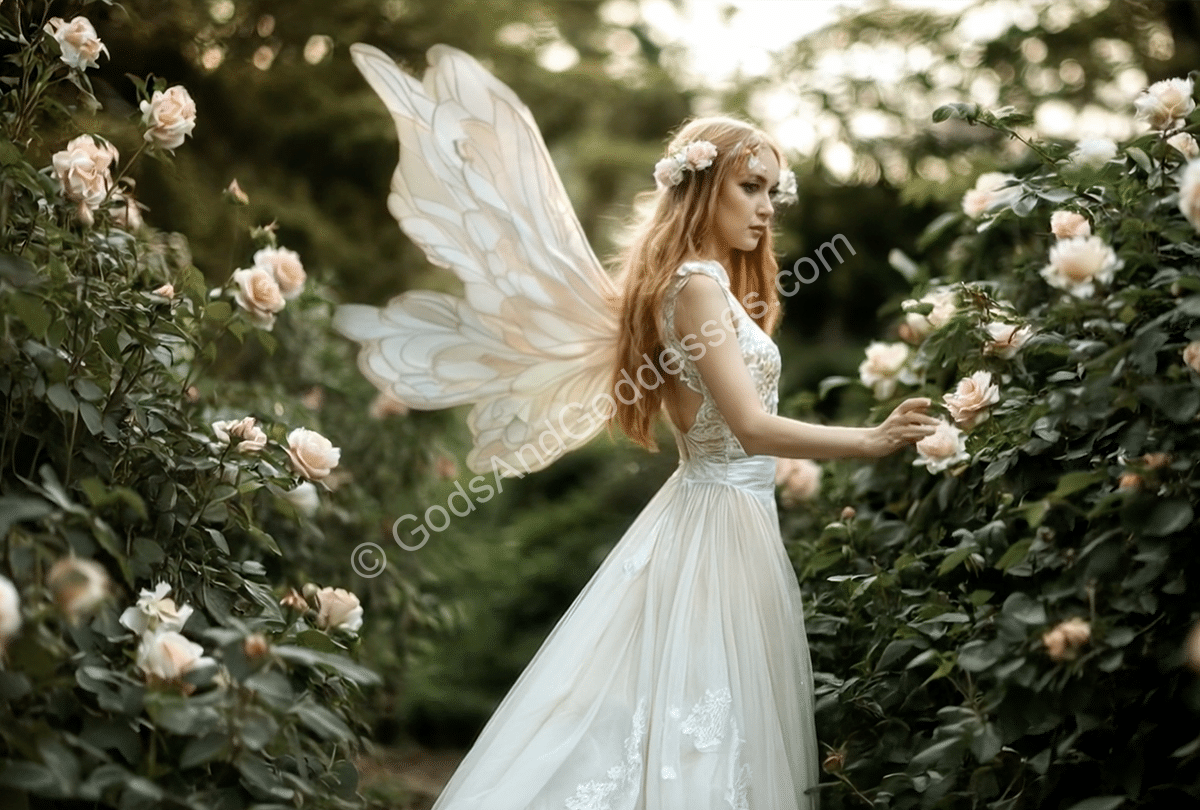 Mythological Beings List Enchanted fairy with butterfly wings standing in a magical rose garden.