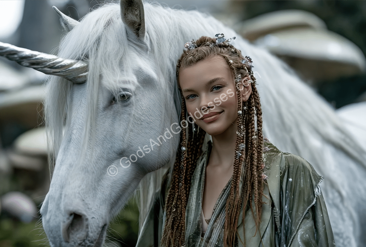 Mythological Creatures List Girl with unicorn in enchanted forest, magical fantasy scene with mythical creature.
