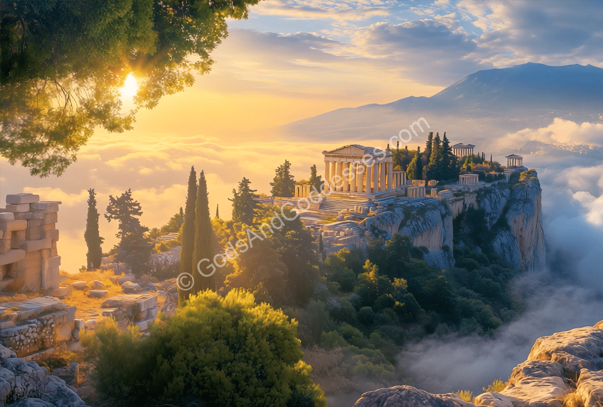 Mythological Places Map Ancient ruins on misty mountains at sunrise with cypress trees and golden light.