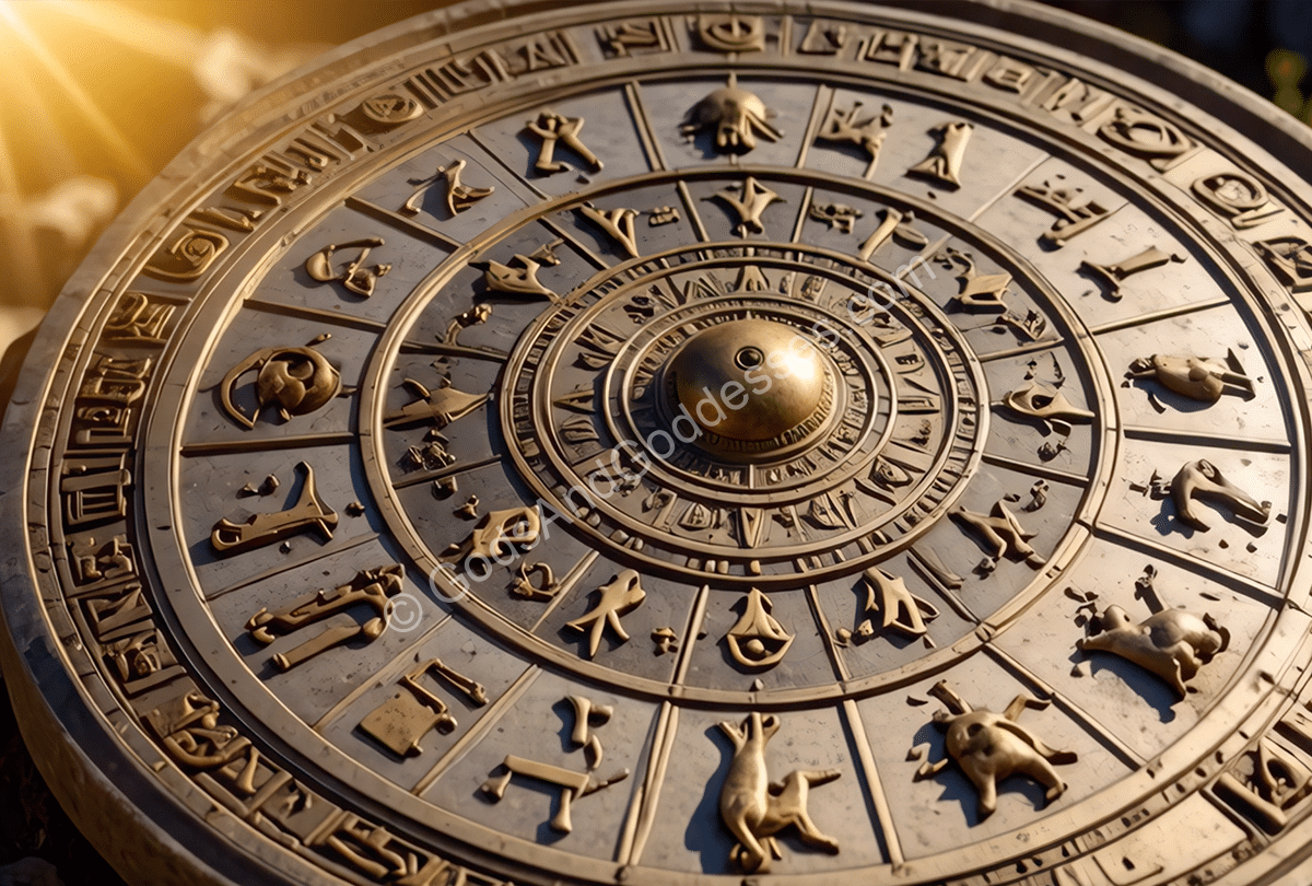 Astrological zodiac wheel with bronze engraved symbols and mystical celestial designs.