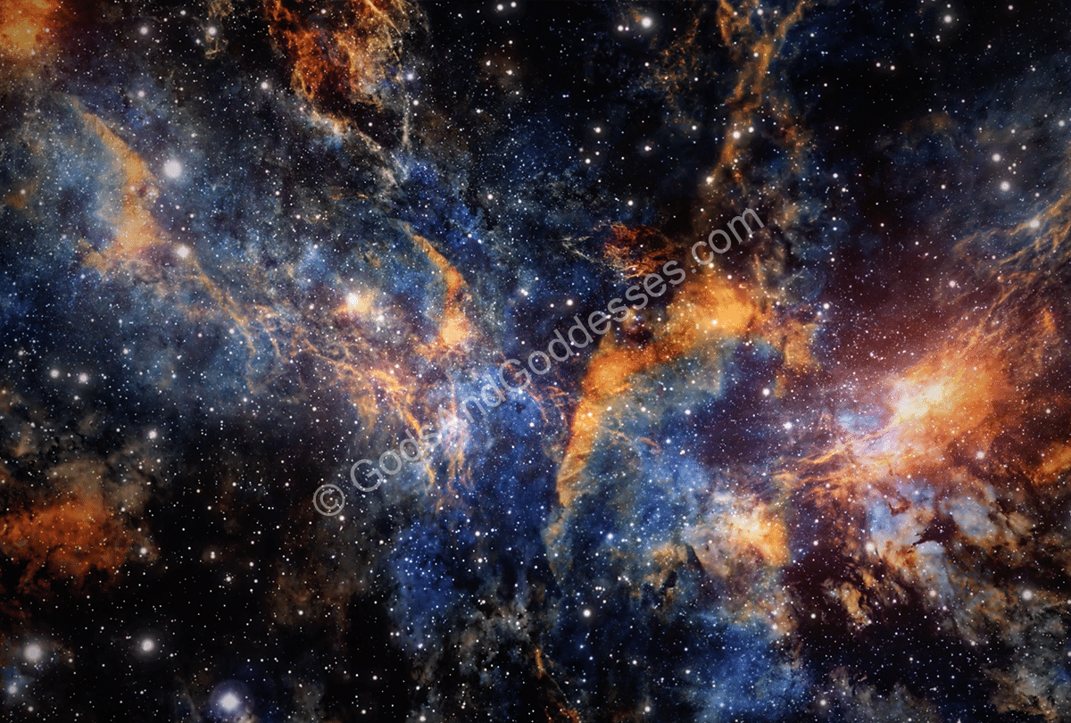 Mythological Themes List Colorful nebula with swirling blue and orange gases, glowing stars, and deep space background.