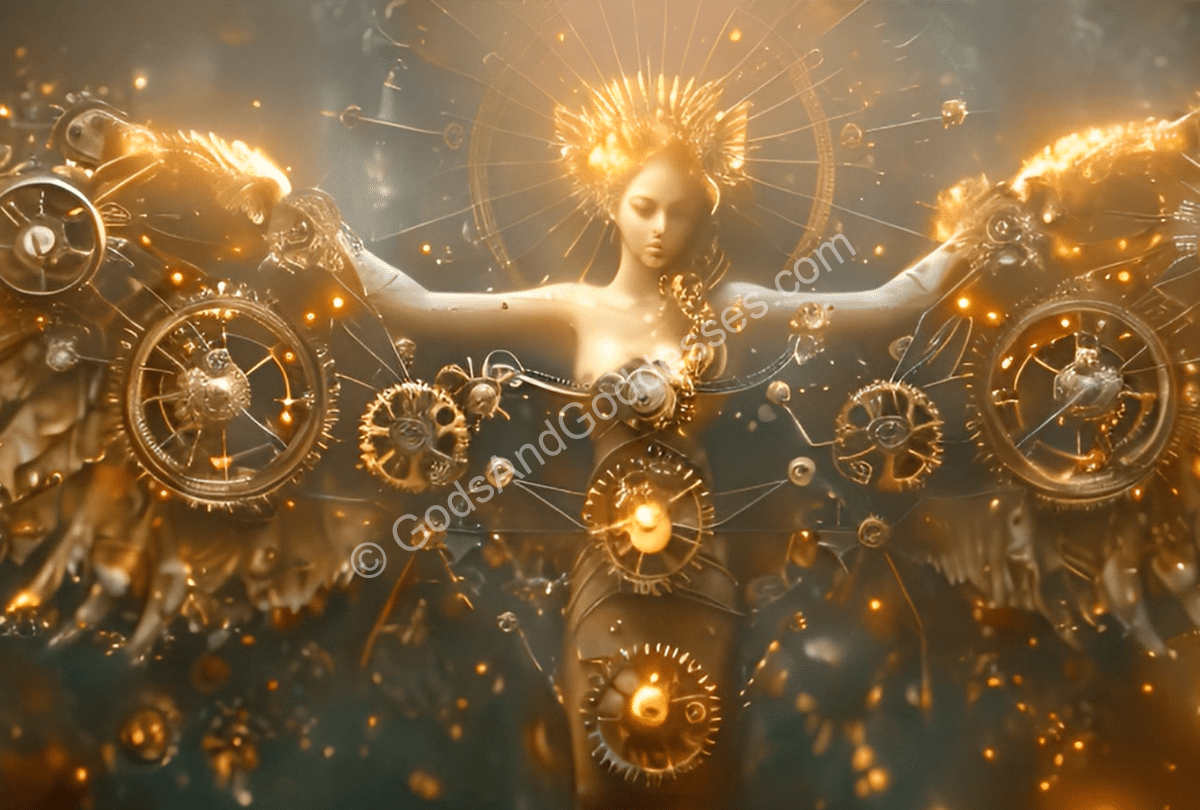 Steampunk angel with glowing halo, mechanical wings, and clockwork gears in a fantasy setting.