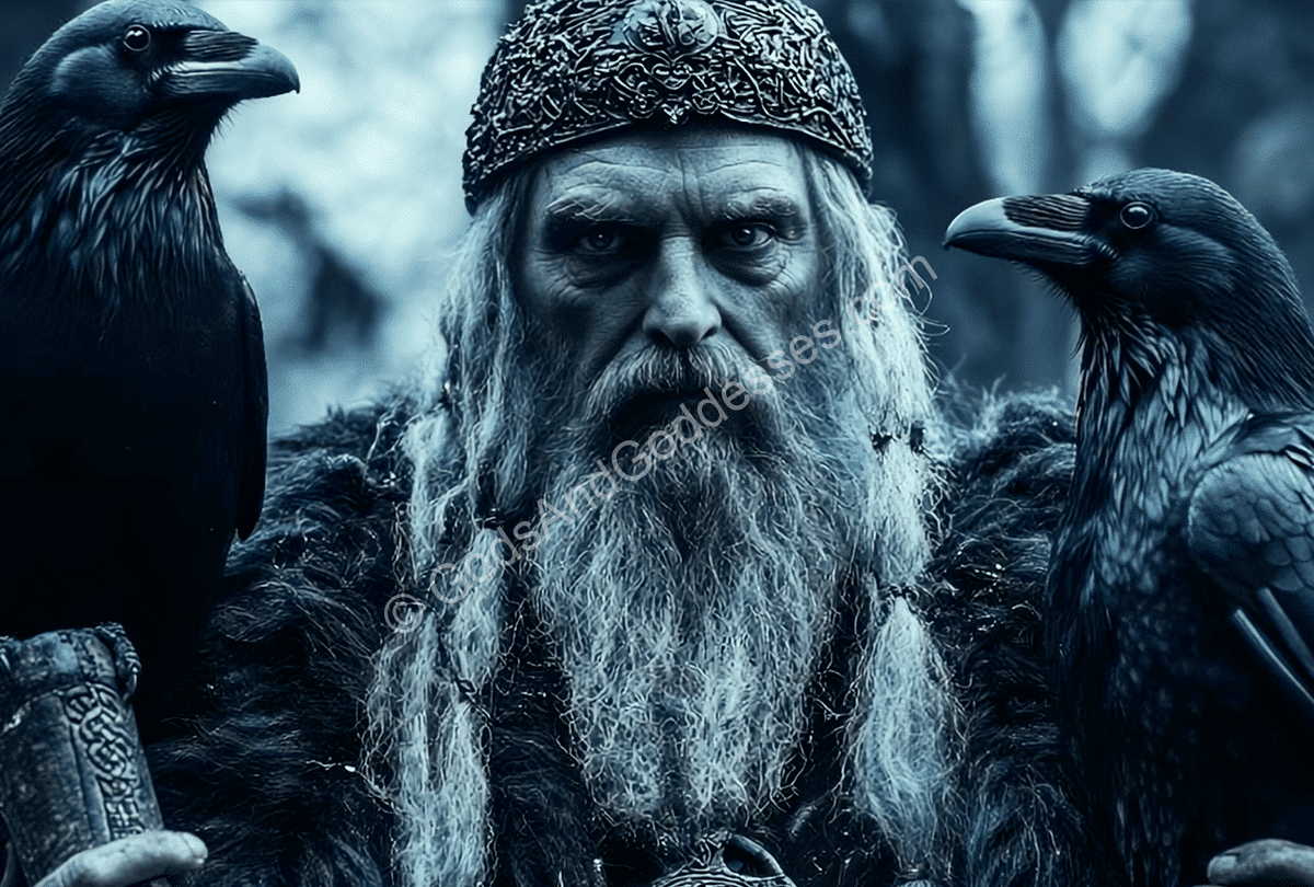 Norse Gods List Odin with two ravens in mystical Norse mythology illustration.