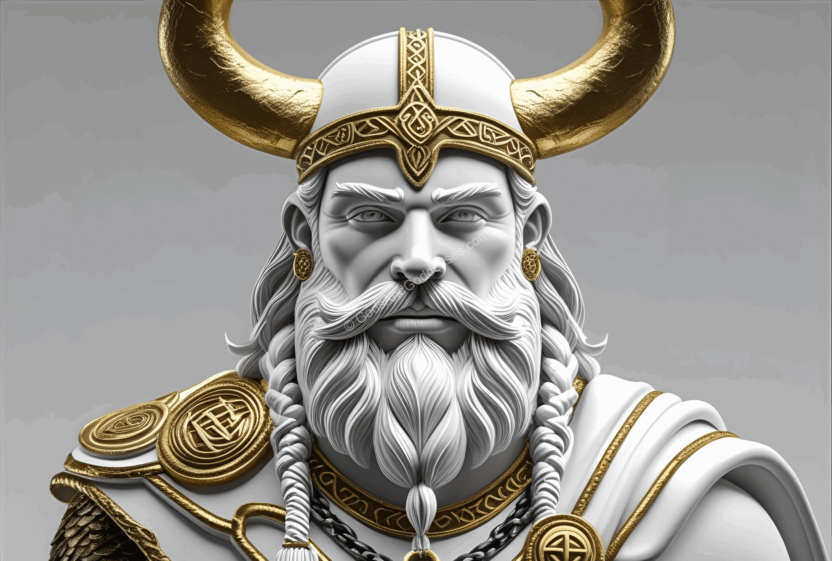 Norse god Odin with horned helmet, golden armor, braided beard, and regal warrior presence.