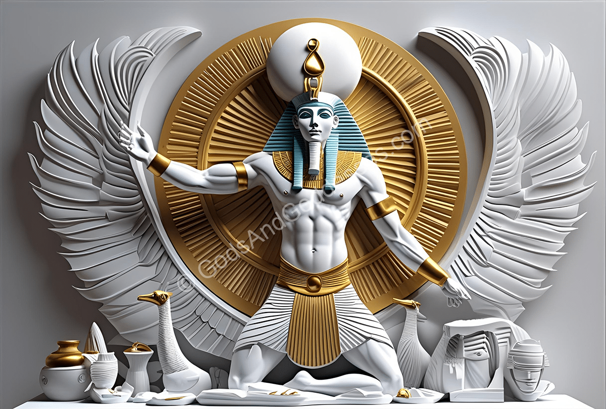 Ancient Egyptian god Ra with sun disk, wings, ankh, and sacred symbols of divinity.