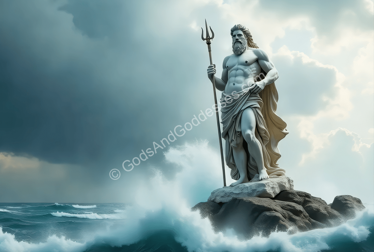 Mythical sea god statue with stormy clouds and crashing ocean waves.