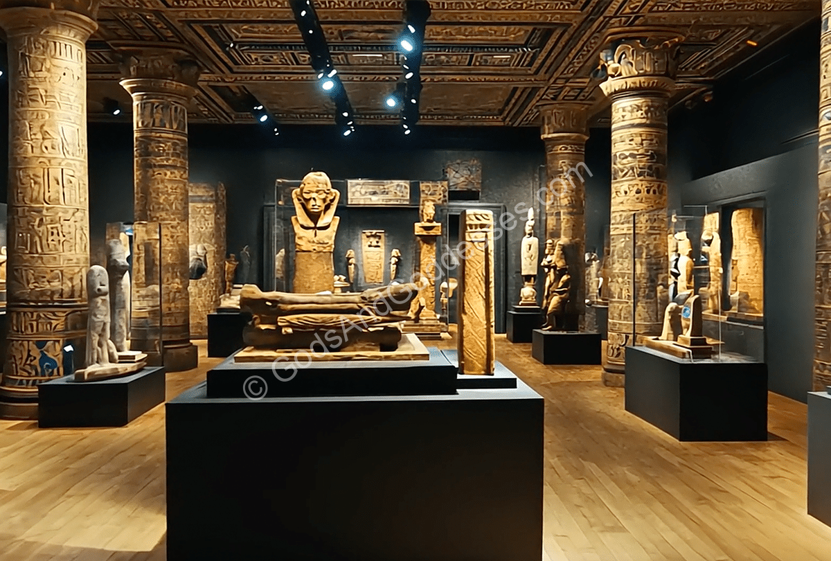 Types Of Gods Reference Ancient Egyptian exhibition with statues, sarcophagus, hieroglyphs, artifacts, and carved columns.